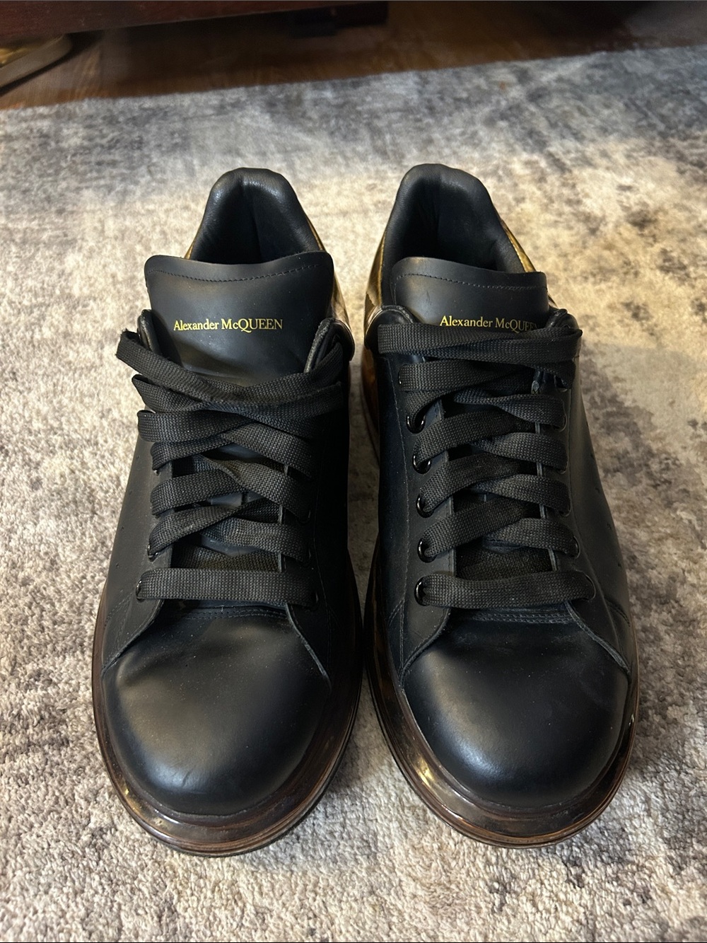 Alexander McQUEEN Black Leather Sneakers with Gold Heel Detail